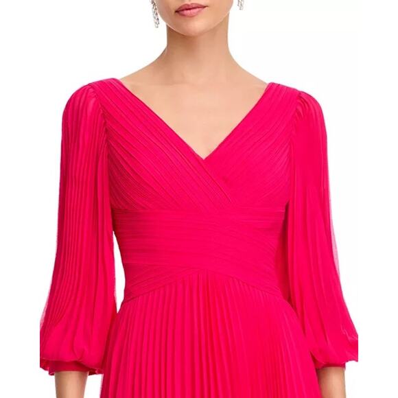Teri Jon by Rickie Freeman Fuchsia Chiffon Pleated V-Neck Long Sleeve Gown 18 - Picture 2 of 16